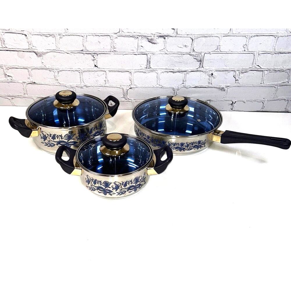 VINTAGE BLUE Onion 6 Pc Set Cookware Stainless Steel 3 Ply